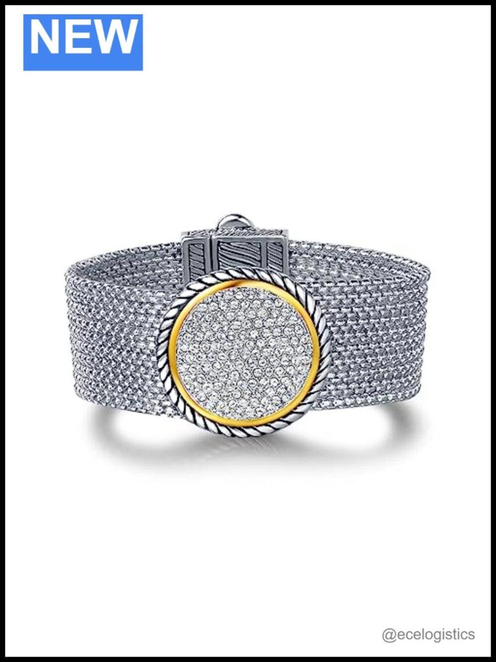 Two Tone Twisted Cable Multi Strand Box Chain Bracelet Pave Rhinestone